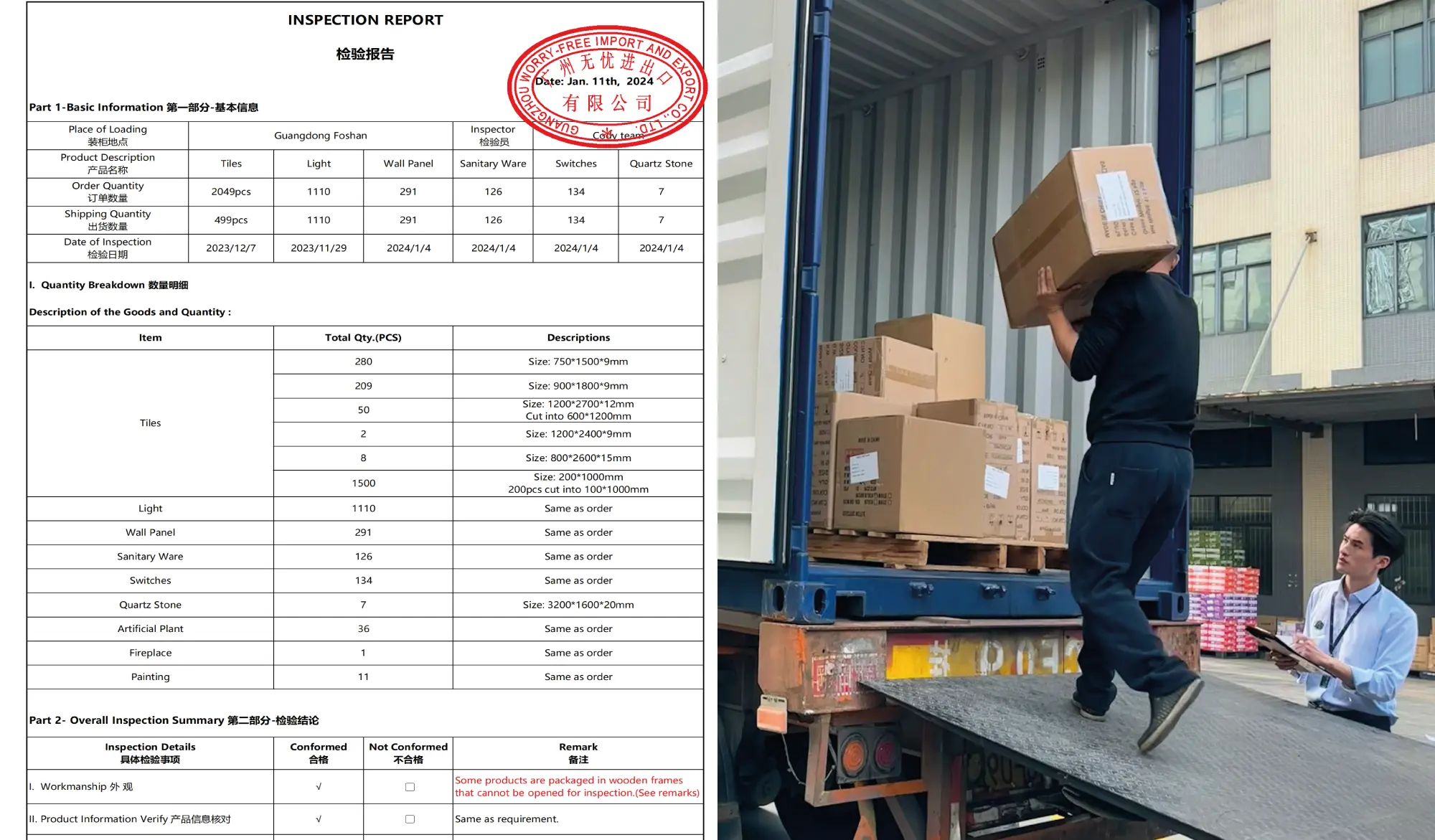 Loading goods into container after final quality inspection in Chinese warehouse.