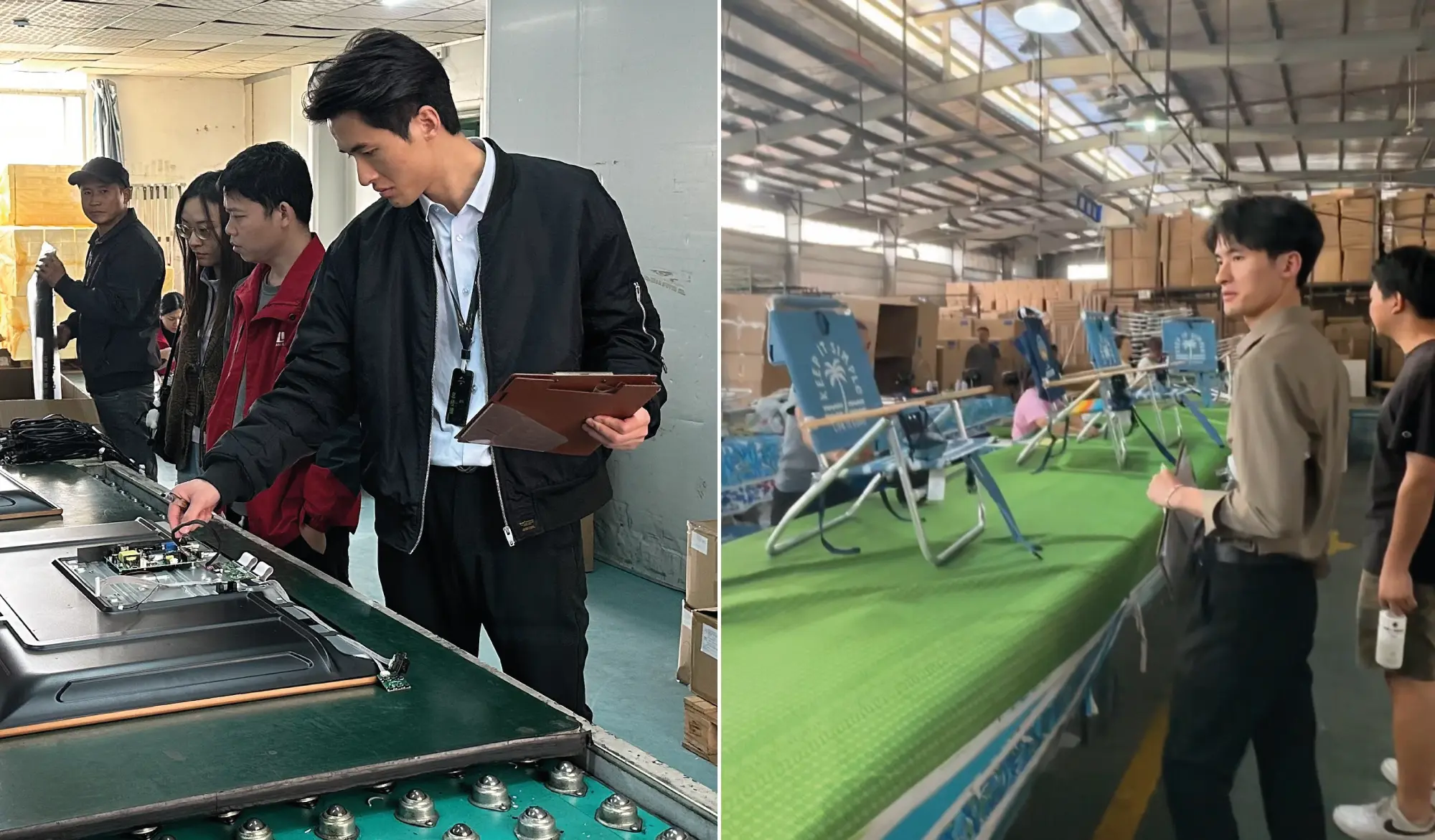 On-site inspection at a TV factory and an outdoor chair production line in China.